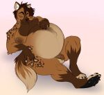  anthro areola balls barefoot belly big_belly big_moobs big_nipples black_nails black_pawpads blush blush_lines brown_body brown_fur brown_hair brown_nose circumcised colored_nails eyes_closed feet flaccid fur genitals hair hand_on_stomach happy hyaenid inner_ear_fluff lying male mammal moobs nails nastypasty navel nipples nude on_back outie_navel pawpads penis pregnant pregnant_male resting smile solo spotted_hyena thick_thighs tuft wide_hips 