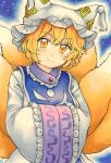  1girl blonde_hair blue_tabard breasts closed_mouth commentary_request dress fox_tail frills hands_in_opposite_sleeves happy hat highres kitsune long_sleeves maa_(forsythia1729) marker_(medium) medium_breasts multiple_tails pillow_hat short_hair smile tabard tail tassel touhou traditional_media white_dress white_headwear wide_sleeves yakumo_ran yellow_eyes 