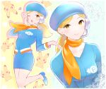  1girl ;d absurdres anna_(pokemon_battle_revolution) blonde_hair blue_footwear blue_headwear blue_shirt blue_skirt blush closed_mouth commission commissioner_upload eyelashes hand_up hat headset heart high_heels highres leg_up logo long_hair long_sleeves looking_at_viewer multiple_views non-web_source one_eye_closed orange_scarf pikachu pokemon pokemon_(game) pokemon_battle_revolution ponytail scarf shirt skirt smile sparkle tudurimike yellow_eyes 
