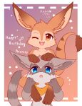  absurd_res anthro artist_name birthday blue_eyes brown_eyes duo english_text female fur grey_body grey_fur hi_res japanese_text kryztar male one_eye_closed open_mouth text 