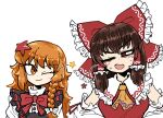  2girls amerika_zarigani ascot azusa_(cookie) bangs blush bow bowtie brown_eyes brown_hair closed_mouth commentary_request cookie_(touhou) detached_sleeves eyebrows_visible_through_hair frilled_bow frilled_hair_tubes frilled_shirt_collar frills hair_bow hair_ornament hair_tubes hakurei_reimu kanna_(cookie) kirisame_marisa light_brown_hair long_hair looking_at_another looking_to_the_side multiple_girls one_eye_closed open_mouth red_bow red_bowtie red_eyes red_shirt red_star ribbon-trimmed_sleeves ribbon_trim shirt simple_background sleeveless sleeveless_shirt smile star_(symbol) star_hair_ornament touhou upper_body white_background white_shirt white_sleeves yellow_ascot 