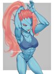  abs anthro bikini blue_body breasts cleavage clothed clothing eyes_closed female fish grey_background hair hands_above_head hi_res marine midriff monyorunrun muscular muscular_female navel one_eye_obstructed ponytail red_hair sharp_teeth simple_background solo swimwear teeth undertale_(series) undyne 