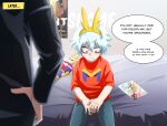  2boys action_figure all_for_one_(boku_no_hero_academia) all_might artist_name bed black_shirt boku_no_hero_academia character_doll child closed_mouth english_text feet_out_of_frame from_behind hair_between_eyes hand_on_hip highres long_sleeves male_focus multiple_boys pants paper red_shirt shirt short_hair short_sleeves sitting speech_bubble standing trevo_(trevoshere) white_hair wrinkled_skin younger 