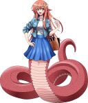  1girl artist_request bag blue_jacket blue_skirt blush breasts eyebrows_visible_through_hair full_body hair_between_eyes hair_ornament hairclip handbag jacket lamia large_breasts long_hair miia_(monster_musume) monster_girl monster_musume_no_iru_nichijou monster_musume_no_iru_nichijou_online official_alternate_costume official_art open_mouth pointy_ears red_hair scales shirt skirt slit_pupils solo transparent_background very_long_hair white_shirt yellow_eyes 