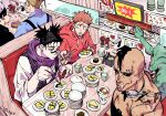  5boys bangs black_blindfold black_eyes black_hair black_sclera blindfold blonde_hair blue_shirt bottle chopsticks choso_(jujutsu_kaisen) collared_shirt colored_sclera conveyor_belt_sushi cup eso_(jujutsu_kaisen) food gojou_satoru highres holding holding_bottle holding_chopsticks holding_plate holding_spoon hood hood_down hoodie indoors itadori_yuuji japanese_clothes jujutsu_kaisen kechizu_(jujutsu_kaisen) kimono long_sleeves male_focus max801115 monster multiple_boys nanami_kento open_mouth pink_hair plate profile red_hoodie scar scar_on_face shirt short_hair spoon sushi table undercut white_hair white_kimono 