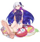  1girl absurdres anklet bare_legs breasts closed_mouth covered_navel covered_nipples earrings eyebrows_visible_through_hair fate/grand_order fate_(series) feet flipped_hair flower foreshortening full_body hair_flower hair_ornament highres jewelry kama_(fate) kama_(swimsuit_avenger)_(fate) large_breasts looking_at_viewer multicolored_hair one-piece_swimsuit rota simple_background sitting smirk soles solo swimsuit two-tone_hair white_background white_hair 