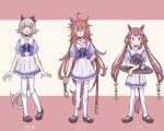  3girls ahoge animal_ears blush curren_chan_(umamusume) h685336312 height_difference highres horse_ears horse_tail long_hair mask mouth_mask multiple_girls open_mouth purple_eyes school_uniform short_hair sweep_tosho_(umamusume) tail thighhighs tracen_school_uniform twintails umamusume white_background 