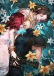  1boy 1girl aerith_gainsborough armor bangs belt blonde_hair blue_pants blue_shirt bracelet brown_hair closed_eyes cloud_strife couple cropped_jacket dress earrings final_fantasy final_fantasy_vii final_fantasy_vii_remake flower hair_down hair_flower hair_ornament halu-ca hand_in_another&#039;s_hair highres holding_hands jacket jacket_partially_removed jewelry long_dress long_hair multiple_belts pants parted_bangs parted_lips partially_submerged pink_dress red_jacket shirt shoulder_armor single_earring sleeveless sleeveless_turtleneck smile spiked_hair strap_slip suspenders turtleneck upper_body white_flower yellow_flower 