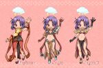  1girl :d animal_around_neck bangle bangs bikini bikini_top_only blush boots bracelet breasts brown_bikini brown_capelet brown_footwear brown_gloves brown_skirt capelet character_name cloud cloud_over_head commentary_request dress eyebrows_visible_through_hair fingerless_gloves fox full_body gloves jewelry kawagoe_pochi lightning looking_at_viewer mage_(ragnarok_online) midriff navel open_mouth parted_bangs pelvic_curtain pink_background professor_(ragnarok_online) purple_eyes purple_hair ragnarok_online red_dress red_sleeves sage_(ragnarok_online) short_hair skirt sleeveless sleeveless_dress small_breasts smile striped_capelet striped_sleeves swimsuit waving yellow_sleeves 