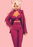  2021 anthro belt black_nose bottomwear breasts canid canine clothed clothing digital_media_(artwork) female fully_clothed hair hi_res jacket long_hair long_sleeves mammal pants pink_background red_bottomwear red_clothing red_jacket red_pants red_topwear shaded simple_background solo standing topwear white_hair yellow_eyes zetsuboucchi 