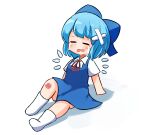  1girl blue_dress blue_hair blush bow cirno closed_eyes crossed_bandaids crying dress eyebrows_visible_through_hair ferdy&#039;s_lab full_body hair_bow highres ice ice_wings injury knee_up leaning_back open_mouth scraped_knee shadow shirt short_hair short_sleeves sitting solo streaming_tears tears touhou white_legwear wings 