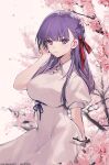  1girl absurdres bangs blush breasts closed_mouth collared_dress dress fate/stay_night fate_(series) flower hair_ornament hair_ribbon hand_up heaven&#039;s_feel highres kitere large_breasts long_hair looking_at_viewer matou_sakura petals puffy_short_sleeves puffy_sleeves purple_eyes purple_hair red_ribbon ribbon short_sleeves solo white_dress 