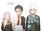  1girl 2boys :d ahoge alternate_costume bangs black_jacket blush brown_eyes brown_hair closed_eyes collared_shirt danganronpa_(series) danganronpa_2:_goodbye_despair galaga grey_scarf hair_between_eyes hair_ornament harry_potter_(series) highres hinata_hajime hogwarts_school_uniform jacket komaeda_nagito multicolored_clothes multicolored_scarf multiple_boys nanami_chiaki neck_ribbon necktie open_clothes open_jacket open_mouth pin_(ke0070831) pink_ribbon red_necktie ribbon scarf school_uniform shirt short_hair sideways_glance smile striped striped_necktie striped_scarf translation_request two-tone_necktie upper_body yawning 