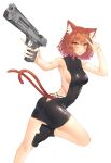  1girl alternate_costume animal_ear_fluff animal_ears arm_up armpits ass backless_outfit bangs bare_arms bare_shoulders black_footwear blush breasts brown_eyes brown_hair cat_ears cat_tail chen earrings eyebrows_visible_through_hair foot_out_of_frame from_behind gun hand_up handgun high_heels highres holding holding_gun holding_weapon jewelry light_smile looking_at_viewer looking_back medium_breasts multiple_tails nekomata no_hat no_headwear parted_lips pistol short_hair sideboob sleeveless solo standing standing_on_one_leg tail thighs tomatolover16 touhou trigger_discipline turtleneck twisted_torso two_tails v weapon 