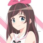  :&gt; bare_shoulders black_bow black_bowtie blue_eyes blush bow bow_hairband bowtie brown_hair closed_mouth collarbone commentary eyebrows_visible_through_hair hairband kizuna_ai kizuna_ai_inc. multicolored_hair patrick_fche pink_hair pink_hairband portrait sailor_collar shirt sideways_glance signature sleeveless sleeveless_shirt smile spanish_commentary streaked_hair twitter_username virtual_youtuber white_shirt 