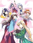  6+girls amamiya_sakura anastasia_palma blonde_hair blue_hair book braid breasts brown_hair cherry_blossoms clarissa_snowflake clenched_hand dress flower hand_up highres long_hair looking_at_viewer midnamana mochizuki_azami multiple_girls orange_hair robe sakura_taisen shin_sakura_taisen shinguuji_sakura shinonome_hatsuho skirt smile 