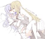  2girls assault_lily blonde_hair blush commentary_request eyebrows_visible_through_hair highres karasuto kon_kanaho lying miyagawa_takane multicolored_nails multiple_girls nail_polish on_back pillow purple_eyes purple_nails sweat tongue tongue_out yellow_eyes yellow_nails yuri 