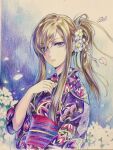  1girl bangs blue_eyes brown_hair flower hair_flower hair_ornament hair_over_one_eye highres isa_(peien516) japanese_clothes kimono long_hair open_mouth painting_(medium) petals ponytail solo tales_of_(series) tales_of_the_abyss tear_grants traditional_media yukata 