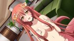  1girl artist_request blush breasts covering covering_breasts eyebrows_visible_through_hair fang game_cg hair_between_eyes hair_ornament hairclip lamia large_breasts long_hair looking_at_viewer miia_(monster_musume) monster_girl monster_musume_no_iru_nichijou monster_musume_no_iru_nichijou_online official_art open_mouth pointy_ears red_hair scales slit_pupils solo very_long_hair yellow_eyes 