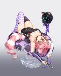 1girl :&lt; absurdres alternate_costume animal_collar animal_ears armpits arms_up asymmetrical_legwear asymmetrical_sleeves black_legwear breasts camisole cat_ears cat_girl checkered_pillow clothing_request collar collarbone counter:side detached_sleeves floating floating_object glasses gradient gradient_background hair_ornament hairclip highres holding holding_phone knees_up lenmue looking_at_viewer lying medium_breasts off_shoulder on_back on_pillow phone phone_with_ears pillow pink_hair purple_legwear purple_nails purple_ribbon ribbon robot round_eyewear short_hair smartphone_case solo stirrup_legwear striped striped_legwear striped_ribbon striped_sleeves striped_tail sylvia_lena_cooper tail thighhighs toeless_legwear upside-down white_camisole white_sleeves |w| 