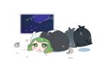  1girl :o bangs blush_stickers cosplay danganronpa_(series) danganronpa_another_episode:_ultra_despair_girls doma_umaru doma_umaru_(cosplay) eyebrows_visible_through_hair green_eyes green_hair hood hood_up lying monokuma monokuma_(cosplay) on_stomach pin_(ke0070831) short_hair simple_background solo space towa_monaka trash_bag white_background window 