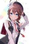  1girl ahoge backpack bag black_headwear blue_eyes blush braid brown_hair collared_shirt hair_flaps hat kantai_collection long_hair long_sleeves mashiro_aa necktie open_mouth red_necktie shigure_(kancolle) shigure_kai_ni_(kancolle) shirt single_braid smile solo upper_body white_shirt 