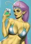  1girl blue_background breasts cellphone character_request colored_skin copyright_request green_eyes green_skin hair_ornament highres jewelry large_breasts long_hair navel phone pointy_ears purple_hair sciamano240 smartphone stomach twitter_username underwear 