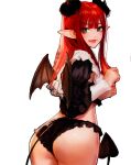  1girl ass bangs black_panties black_shirt black_wings commentary_request demon_girl demon_horns demon_tail demon_wings fangs frills from_behind green_eyes highres horns jungon_kim kitagawa_marin long_hair long_sleeves looking_at_viewer looking_back no_pants panties parted_lips pointy_ears puffy_sleeves red_hair rizu-kyun shirt simple_background solo sono_bisque_doll_wa_koi_wo_suru tail teeth underwear white_background wings 