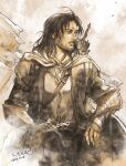  1boy aragorn armor arrow_(projectile) beard breastplate cape dated facial_hair highres jewelry kazuki-mendou long_hair male_focus parted_lips quiver ring robe signature sitting solo the_lord_of_the_rings tolkien&#039;s_legendarium 
