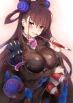 1girl arm_under_breasts bangs black_dress blush breasts brown_hair calligraphy_brush closed_mouth covered_navel double_bun dress fate/grand_order fate_(series) hair_between_eyes hair_ornament highres kawai large_breasts long_hair long_sleeves looking_at_viewer murasaki_shikibu_(fate) paintbrush puffy_sleeves purple_eyes scroll smile solo valentine very_long_hair 
