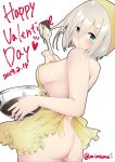  1girl alternate_costume apron ass blue_eyes breasts chocolate closed_mouth cooking eyebrows_visible_through_hair hair_between_eyes hair_ornament hairclip hamakaze_(kantai_collection) happy_valentine highres kantai_collection large_breasts mimamui naked_apron short_hair silver_hair solo 