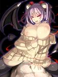  assertive black_legwear breasts breasts_outside cowgirl_position demon_girl demon_tail demon_wings girl_on_top glowing horns huge_breasts magic naughty_face nipples original pink_eyes purple_hair sex shiki_(psychedelic_g2) solo_focus straddling succubus sweater tail thighhighs tongue wings 