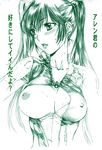  blush breast_slip breasts d.gray-man green hanzaki_jirou large_breasts lenalee_lee monochrome nipples one_breast_out shirt_pull solo sweat twintails 