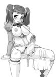  arm_support blush bow breasts breasts_outside choujuushin_gravion futanari greyscale large_breasts looking_at_viewer monochrome mouth_hold nipples no_panties no_testicles open_clothes open_shirt penis penis_ribbon pussy ribbon shirt short_hair sitting solo spread_legs tulie twintails uncensored yn_red 