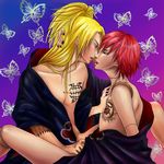  akatsuki akatsuki_(naruto) bad_id blonde_hair butterfly deidara kiss kissing male male_focus naruto naruto_shippuuden pixiv(1336227) puppet red_hair sasori scar scars tattoo yaoi 