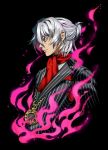  1boy antonio_salieri_(fate/grand_order) bangs black_background black_gloves fate/grand_order fate_(series) formal gloves jewelry looking_afar medallion parted_lips pinstripe_suit red_eyes red_scarf scarf silver_hair solo striped suit take_(illustrator) upper_body 