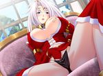  1girl black_panties blue_eyes breasts cleavage crown dress earrings erect_nipples female fingering game_cg hair_ornament hand_in_panties himegoto-ai huge_breasts indoors jewelry long_hair lots_of_jewelry masturbating masturbation milf moan mother nipples no_bra open_mouth panties queen ramurissa_(himegoto-ai) royal sky solo underwear white_hair 