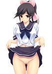  1girl black_hair blush censored fujirin highres love_plus no_panties ponytail pussy school_uniform shaved_pussy simple_background skirt skirt_lift solo takane_manaka 