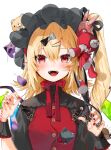  1girl alternate_costume bangs black_bow black_dress black_headwear black_ribbon blonde_hair blush bow buckle buttons commentary_request crystal dress eyebrows_visible_through_hair flandre_scarlet flipped_hair gotou_(nekocat) grey_bow hair_between_eyes hair_ornament hairclip hands_up hat hat_ribbon heart heart-shaped_buckle highres holding holding_needle holding_scissors looking_at_viewer medium_hair mob_cap nail_polish neck_ribbon needle one_side_up open_mouth pincushion pointy_ears red_dress red_eyes red_nails red_ribbon ribbon scissors sewing_needle sewing_pin sidelocks signature smile solo stitched_hand stitches stuffed_animal stuffed_bunny stuffed_cat stuffed_toy stuffing sweatdrop teddy_bear touhou turtleneck two-tone_bow upper_body white_background wings wrist_cuffs 