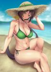  1girl bare_arms bare_shoulders barefoot beach bikini blue_sky blurry blurry_background breasts brown_hair cleavage cloud collarbone commentary_request day foot_out_of_frame green_bikini green_eyes hair_ribbon hand_up hat hayakawa_tazuna highres large_breasts long_hair low_ponytail navel outdoors partial_commentary ribbon side-tie_bikini sitting sky solo stomach sun_hat swimsuit thighs tsukareme umamusume very_long_hair water yellow_ribbon 