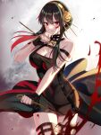 1girl absurdres bangs bare_shoulders black_dress black_gloves black_hair black_legwear blood breasts cleavage dagger dress fingerless_gloves fuyuki_(neigedhiver) gloves gold_hairband highres knife large_breasts long_hair looking_at_viewer red_eyes rose_hair_ornament sidelocks solo spy_x_family thighhighs thighs weapon yor_briar 
