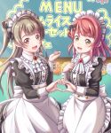  2girls alternate_costume apron crossover dress enmaided heart heart_hands heart_hands_duo highres looking_at_viewer love_live! love_live!_nijigasaki_high_school_idol_club love_live!_school_idol_festival_all_stars love_live!_school_idol_project maid maid_apron maid_headdress minami_kotori multiple_girls open_mouth smile tsukimi_seiya uehara_ayumu wavy_mouth 