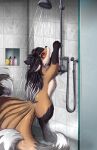  9_tails absurd_res black_body black_fur black_hair female feral foxxi fur hair head_fur hi_res multi_tail ninetales nintendo orange_body orange_fur pok&eacute;mon pok&eacute;mon_(species) pridark red_eyes shower solo video_games wet white_body white_fur 