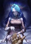  1girl blue_eyes blue_hair blue_skin breasts closed_mouth colored_skin cracked_skin doll_joints elden_ring extra_arms highres ja_mong jewelry joints long_hair looking_at_viewer nude ranni_the_witch ring simple_background solo tarnished_(elden_ring) 