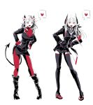  2girls :d armband black_footwear black_jacket black_legwear black_shorts black_skirt boots chika_(keiin) crossover demon_girl demon_horns demon_tail girls&#039;_frontline headgear heart heart-shaped_pupils helltaker helltaker_dance highres horns jacket knee_boots long_hair m4_sopmod_ii_(girls&#039;_frontline) mask mask_around_neck modeus_(helltaker) multicolored_hair multiple_girls red_eyes red_footwear red_legwear red_sweater short_hair shorts simple_background skirt smile speech_bubble streaked_hair sweater symbol-shaped_pupils tail 