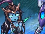  2girls bangs bare_shoulders black_hair blue_skin breasts colored_skin emphasis_lines gradient gradient_background green_background green_eyes hair_ornament hand_up index_finger_raised kalista kindred_(league_of_legends) league_of_legends long_hair looking_at_another mask medium_breasts multiple_girls open_mouth phantom_ix_row shiny shiny_hair shiny_skin 