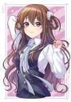  1girl 22/7 ayakura_azuma braid brown_hair dress hair_ornament highres long_hair looking_at_viewer neck_ribbon one_side_up pinafore_dress purple_eyes ribbon single_braid smile tachikawa_ayaka thighhighs upper_body 