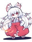  1girl bow buttons collared_shirt fried_rice0614 fujiwara_no_mokou full_body hair_bow highres long_hair long_sleeves one-hour_drawing_challenge pants red_eyes red_pants shirt simple_background solo suspenders torn_sleeve touhou white_background white_bow white_hair white_shirt 