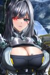  1girl armor blue_eyes breast_tattoo breasts chu-e cleavage cleavage_cutout clothing_cutout ethel_(xenoblade) heterochromia highres large_breasts long_hair red_eyes shoulder_armor silver_hair solo tattoo very_long_hair xenoblade_chronicles_(series) xenoblade_chronicles_3 