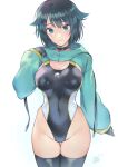  1girl aqua_eyes bangs black_gloves black_hair black_legwear black_swimsuit blush breasts cleavage commentary_request covered_navel cowboy_shot eyebrows_visible_through_hair fukami_nana gloves groin hair_flaps hand_up highres large_breasts long_sleeves looking_at_viewer matsuda_(matsukichi) one-piece_swimsuit original short_hair shrug_(clothing) simple_background smile solo standing swimsuit thighhighs white_background 